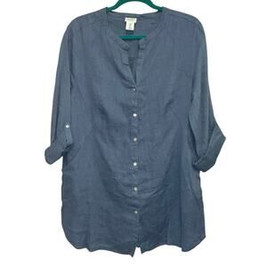 Sigrid Olsen Linen Button Front Tunic Top Large Blue Roll Tab Sleeve Pockets